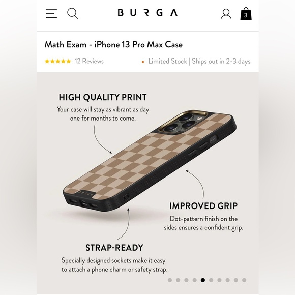 Burga iPhone 13 Pro Max Case (Elite Gold) & Ring Holder -checkered cream pattern - Picture 10 of 12